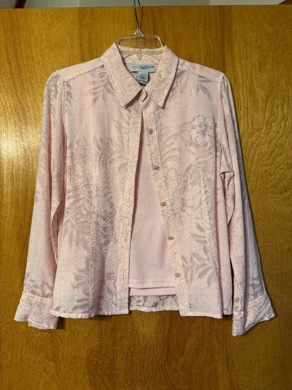 Vintage Sag Harbor 2-Piece Light Pink Sheer Floral Button Up & Tank Set - Size 4